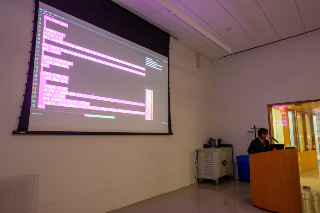 Roxanne Harris teaching a Sonic Pi workshop at the Brooklyn Library (Central Library)