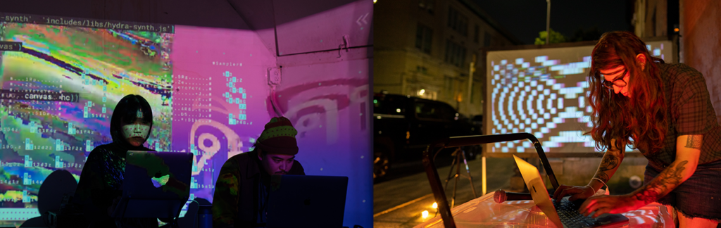 Image on left: ele-khle-kha อีเหละเขละขละ at Wonderville. Image on right: Messica Arson live coding sound and visuals on a street corner in Brooklyn, NY